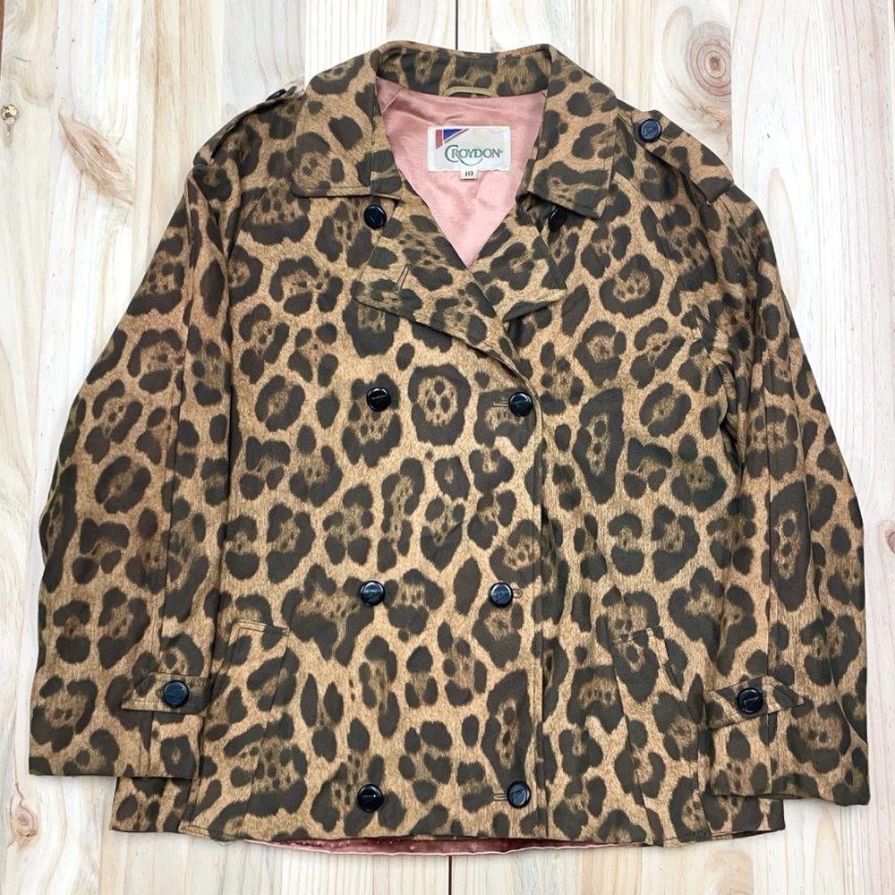 Vtg Croydon Soft Leopard Print Short Pea Coat - Sz 10